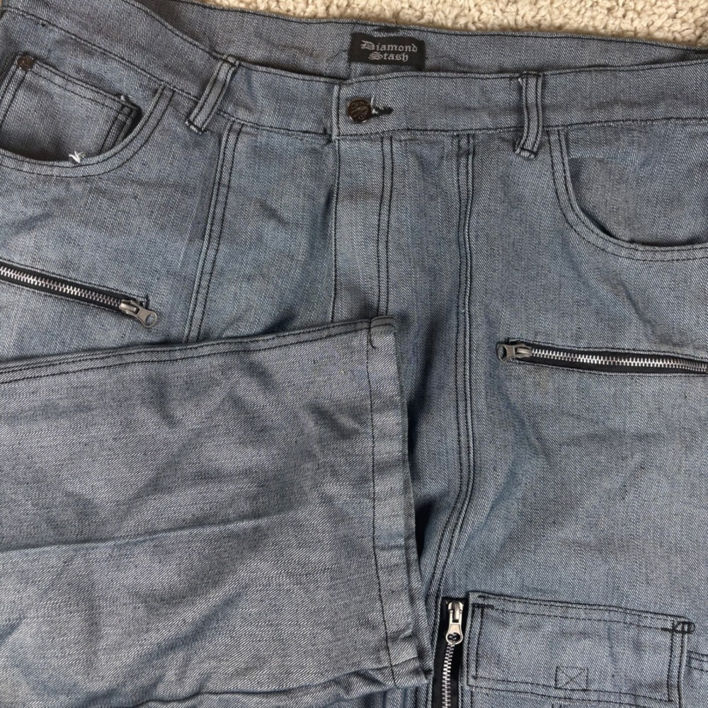 Diamond Stash Mens Cargo Jeans 42 Blue Moto Biker Multi-Pocket Denim Y2K Hip Hop